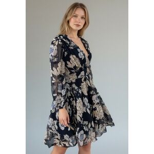 NEW TFNC London Navy Small Floral Chiffon V-Neck Mini Dress Long Sleeve